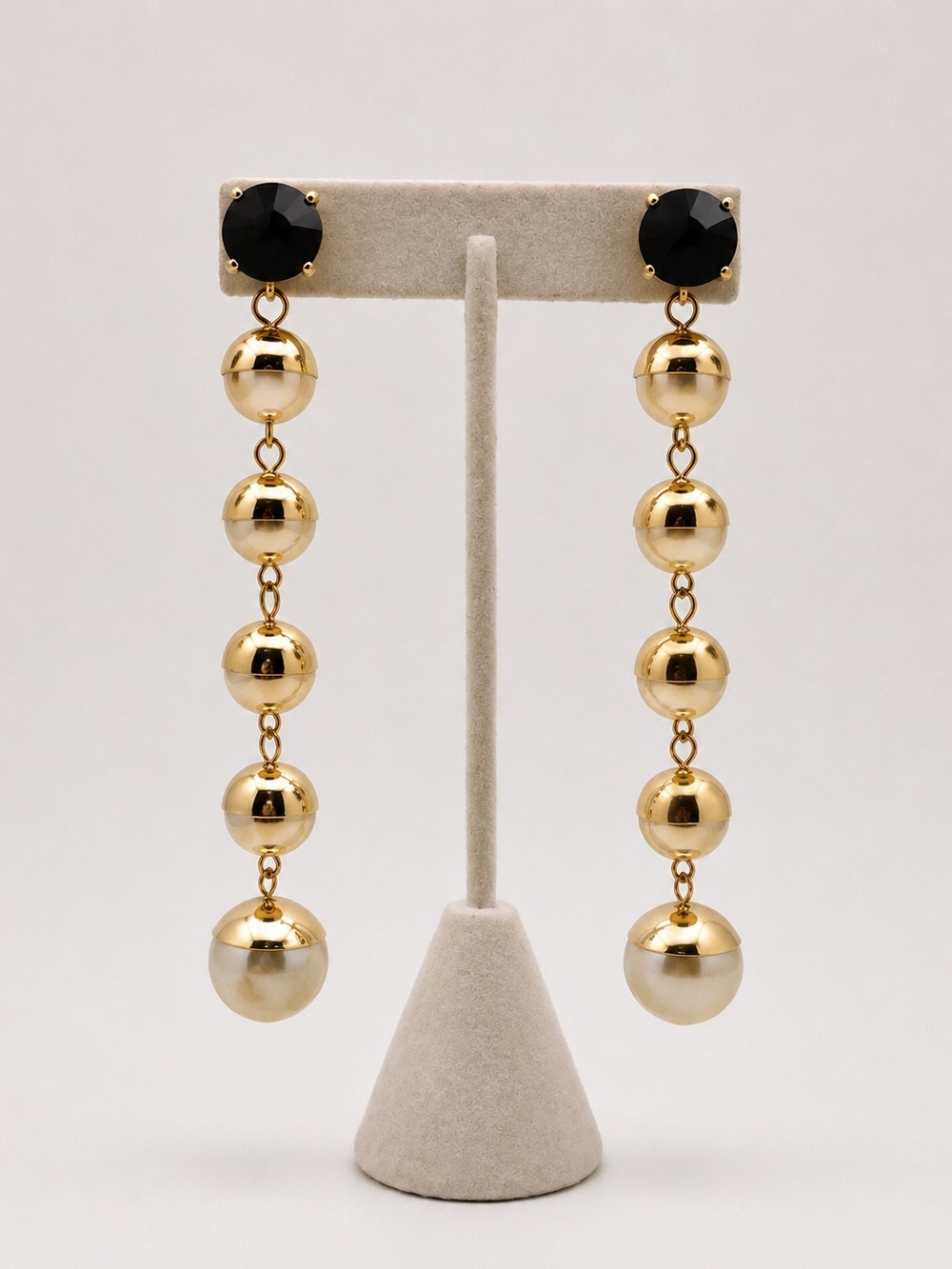Gold Beaded Drop Earrings with Black Stud
